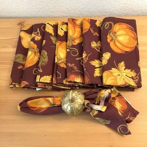 Fall Pumpkin Cotton Blend Napkin Set Of 8 -18" Burgundy Xmas Thanksgiving Dinner